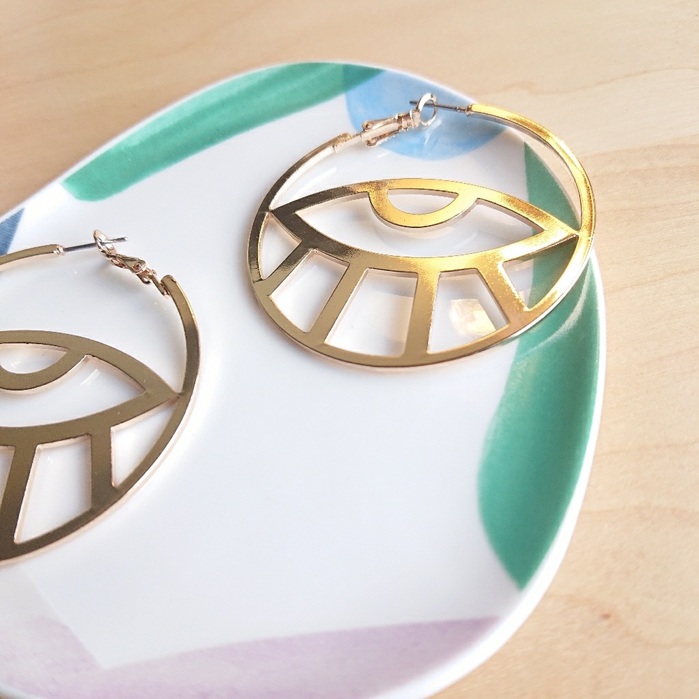 Gold Plated Eyes Hoop Earrings - Picture 2 of 5